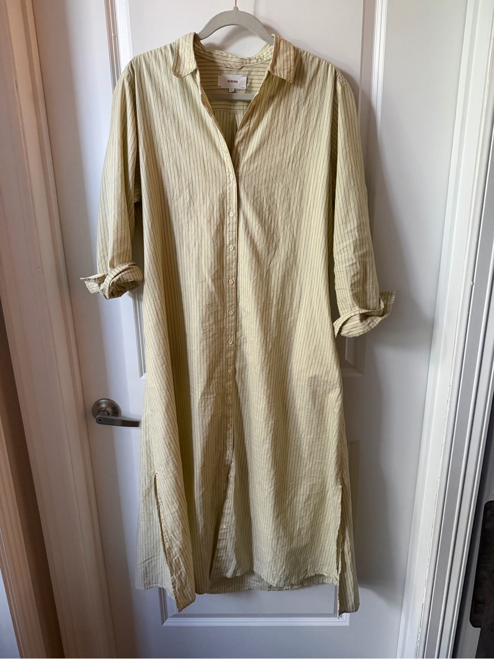 XiRENA Pale Yellow Striped Midi Shirt Dress